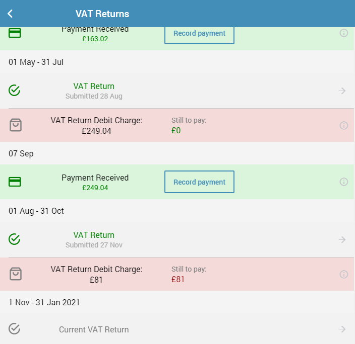 CalCal VAT bills and payments list