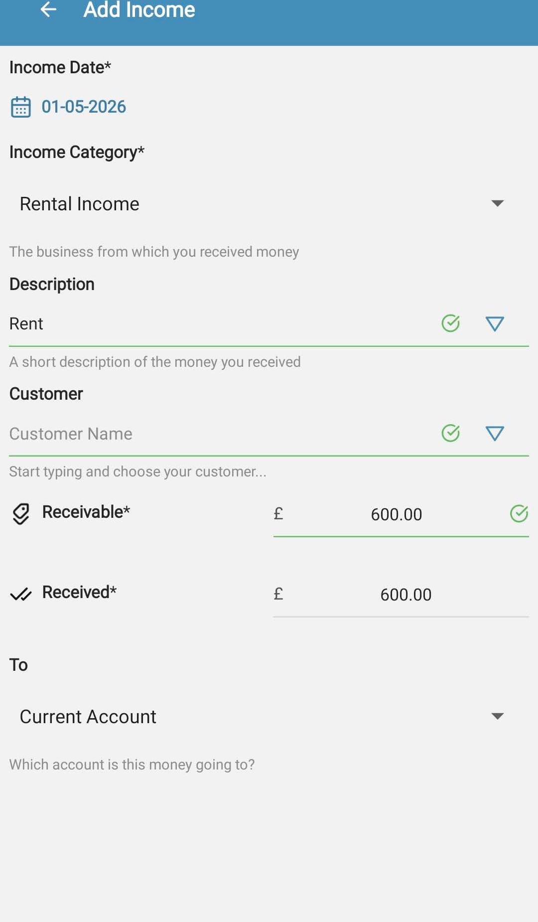 CalCal add income form for recording rent received
