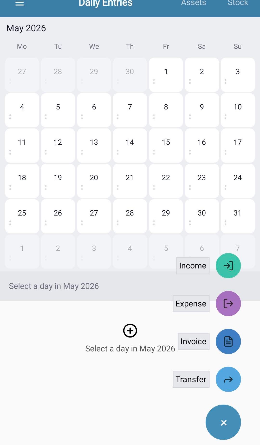 CalCal calendar screen with quick actions for income and expenses