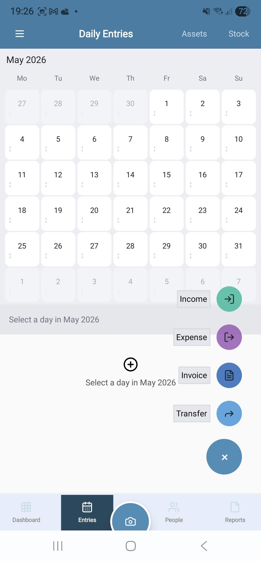 CalCal Daily Entries calendar on phone with income and expense actions