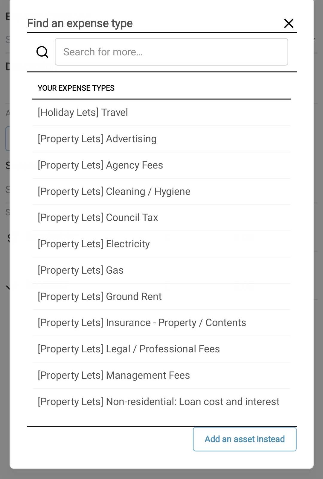 CalCal expense type picker showing property rental categories