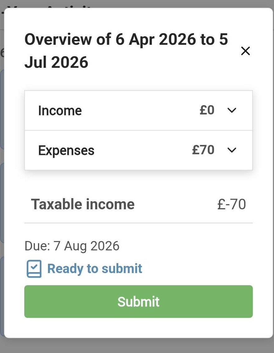 CalCal tax return modal showing income, expenses and submit status