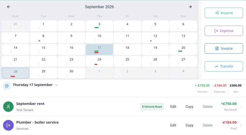 September calendar with recorded activity across the month. On 17 September: £750 rent received and £184 plumber expense paid; net £566.
