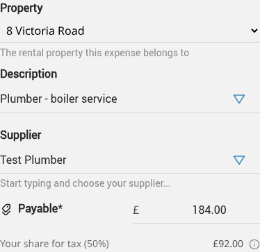 Real expense editor: 8 Victoria Road selected for Plumber - boiler service, £184 payable and a £92 share for tax at 50%.