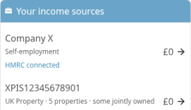 CalCal income sources panel showing self-employment and UK property with five properties.