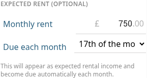 Optional expected rent fields: £750 monthly rent, due on the 17th of the month.