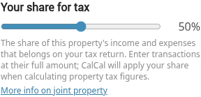 CalCal property editor with Your share for tax set to 50%.